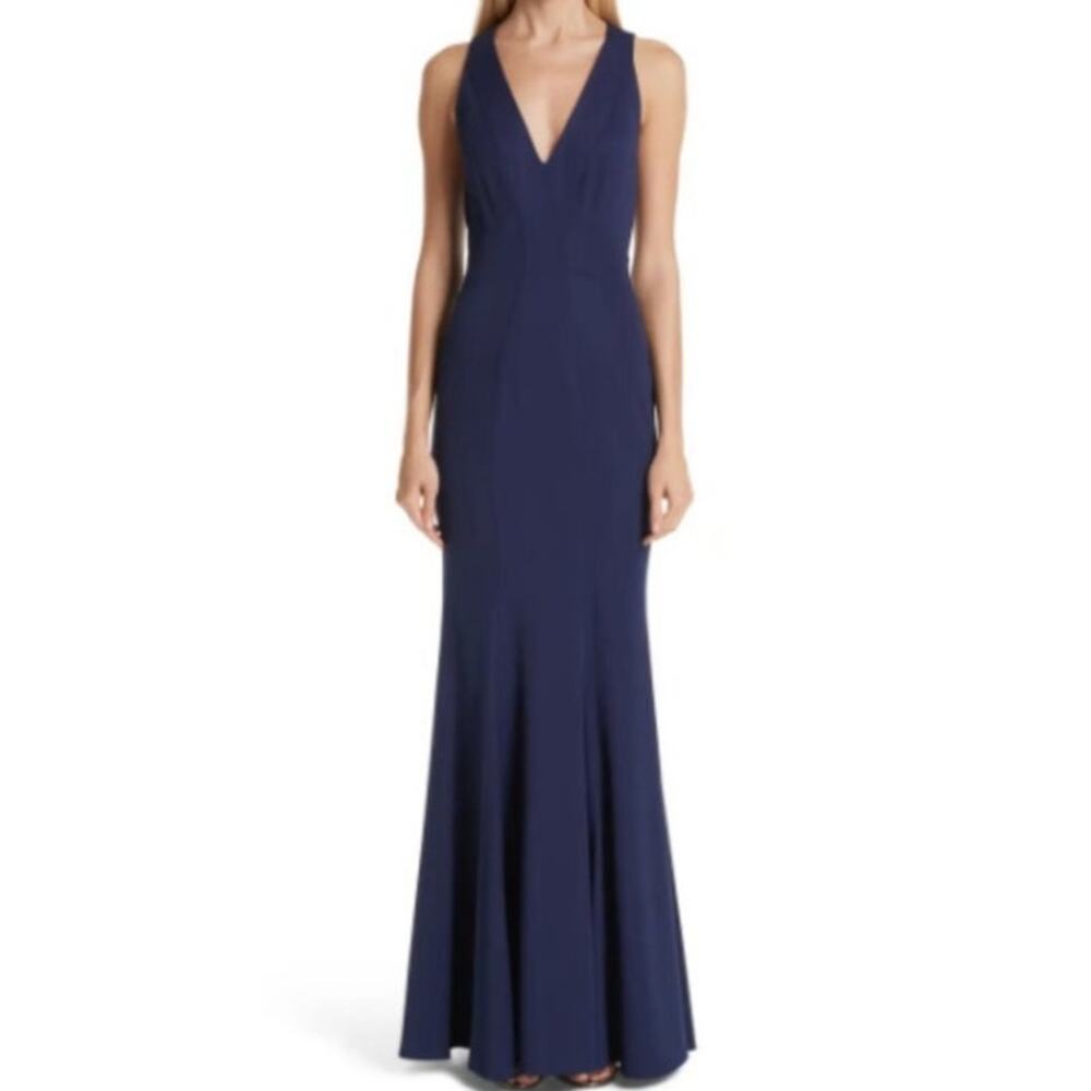 Zac Posen Sirena Trumpet Gown Navy V-Neck Floor Length Formal Dress Women 12